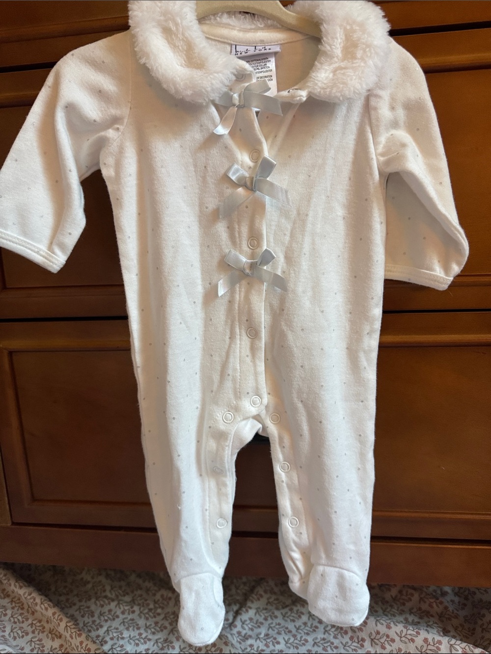 Nicole Miller Ivory Footed One-Piece with Faux Fur Collar and Satin Bows